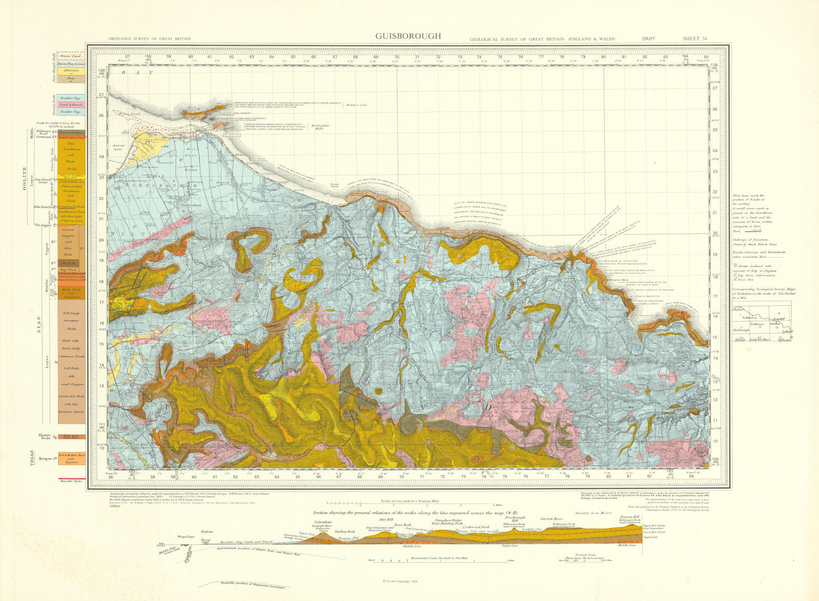 Guisborough geological survey sheet 34 Cleveland North York Moors 1966 old map